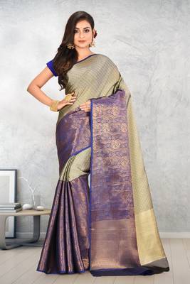 Beige and Navy Blue Kanchipuram Art Silk Saree With Blouse 1