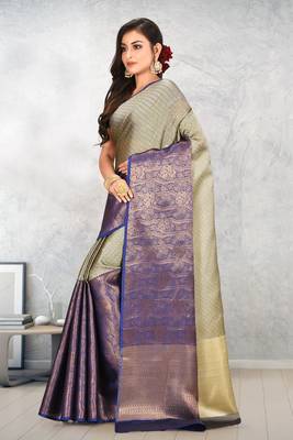 Beige and Navy Blue Kanchipuram Art Silk Saree With Blouse 2