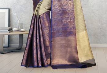 Beige and Navy Blue Kanchipuram Art Silk Saree With Blouse 3