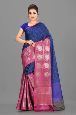 Navy Blue and Fuchsia Kanchipuram Art Silk Saree With Blouse 1