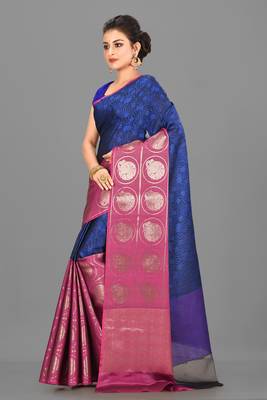 Navy Blue and Fuchsia Kanchipuram Art Silk Saree With Blouse 2