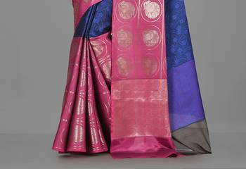 Navy Blue and Fuchsia Kanchipuram Art Silk Saree With Blouse 3