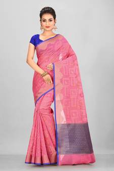 Pink Banarasi Supernet Blended Cotton Saree With Blouse