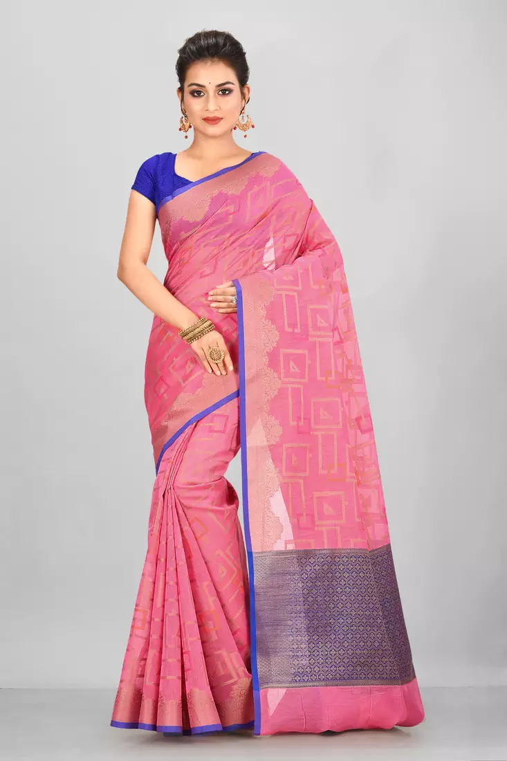 Pink Banarasi Supernet Blended Cotton Saree With Blouse