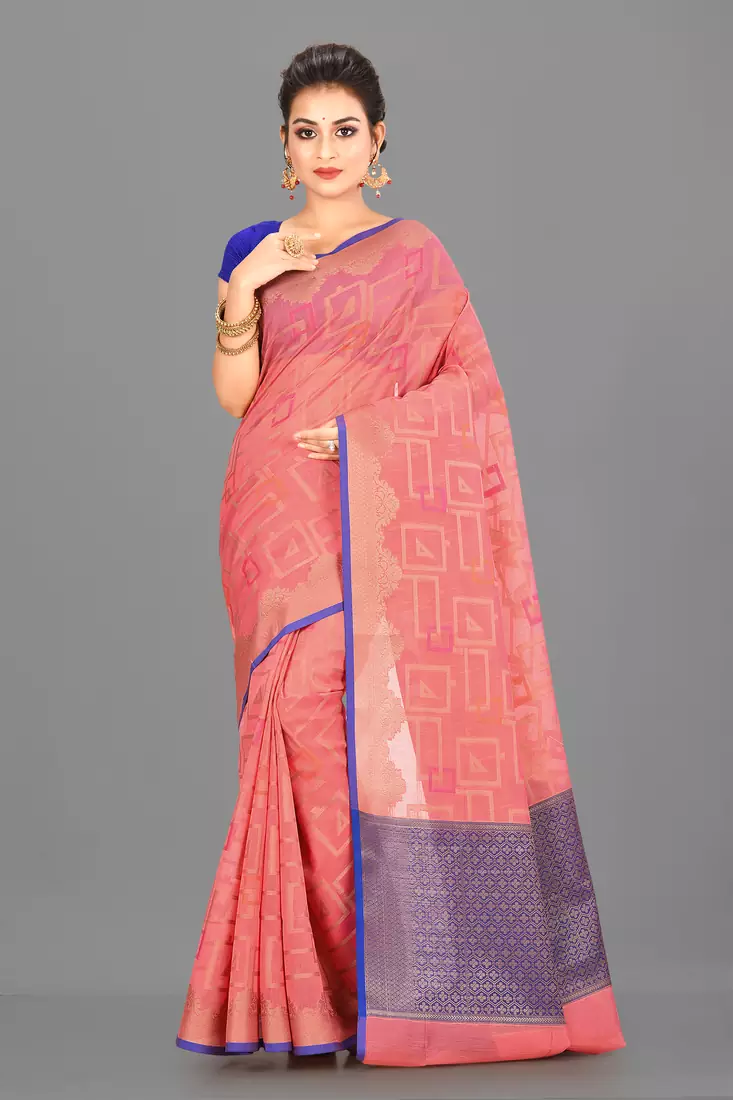 Peach Banarasi Supernet Blended Cotton Saree With Blouse