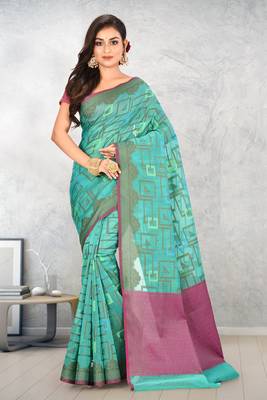 Teal Banarasi Supernet Blended Cotton Saree With Blouse 1