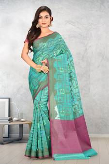 Teal Banarasi Supernet Blended Cotton Saree With Blouse