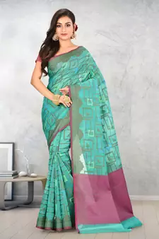 Teal Banarasi Supernet Blended Cotton Saree With Blouse