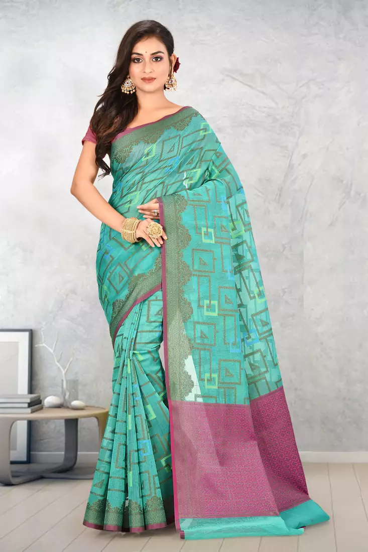 Teal Banarasi Supernet Blended Cotton Saree With Blouse
