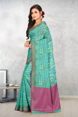 Teal Banarasi Supernet Blended Cotton Saree With Blouse 2