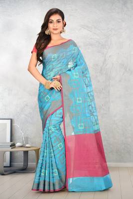 Blue Banarasi Supernet Blended Cotton Saree With Blouse 1