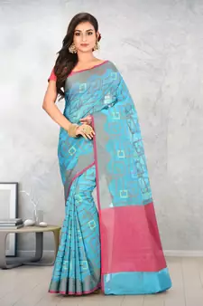 Blue Banarasi Supernet Blended Cotton Saree With Blouse