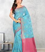 Blue Banarasi Supernet Blended Cotton Saree With Blouse