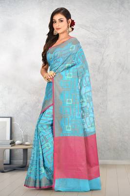 Blue Banarasi Supernet Blended Cotton Saree With Blouse 2