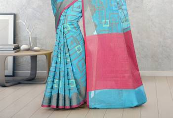 Blue Banarasi Supernet Blended Cotton Saree With Blouse 3