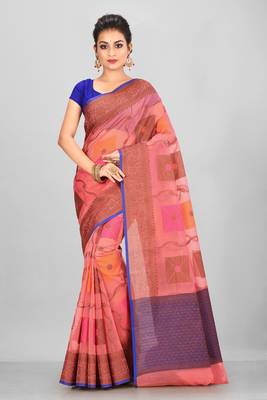 Peach Banarasi Supernet Blended Cotton Saree With Blouse 1