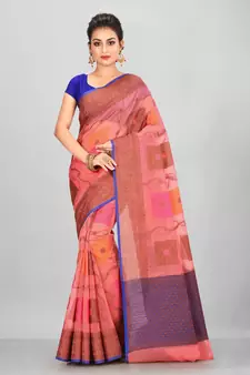 Peach Banarasi Supernet Blended Cotton Saree With Blouse