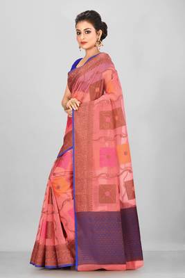 Peach Banarasi Supernet Blended Cotton Saree With Blouse 2