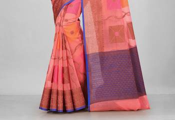 Peach Banarasi Supernet Blended Cotton Saree With Blouse 3