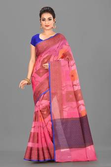 Pink Banarasi Supernet Blended Cotton Saree With Blouse