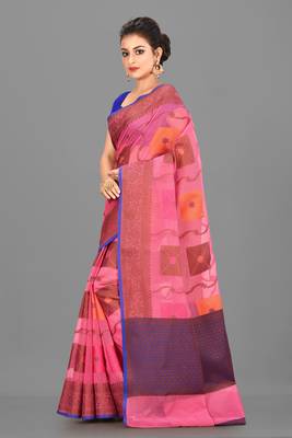 Pink Banarasi Supernet Blended Cotton Saree With Blouse 2