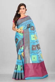 Blue Banarasi Supernet Blended Cotton Saree With Blouse
