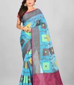 Blue Banarasi Supernet Blended Cotton Saree With Blouse