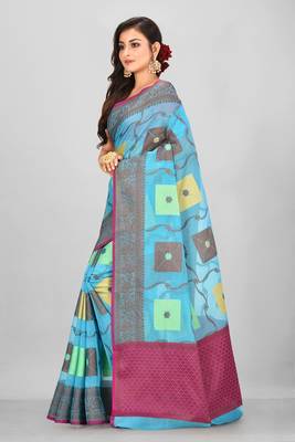 Blue Banarasi Supernet Blended Cotton Saree With Blouse 2