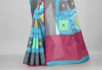 Blue Banarasi Supernet Blended Cotton Saree With Blouse 3
