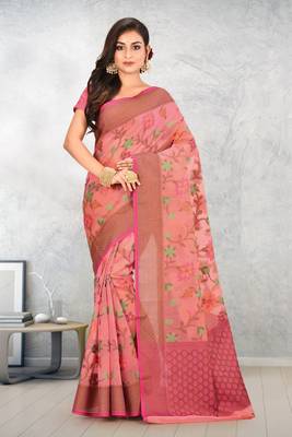Peach Banarasi Supernet Blended Cotton Saree With Blouse 1