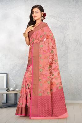 Peach Banarasi Supernet Blended Cotton Saree With Blouse 2