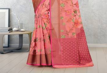 Peach Banarasi Supernet Blended Cotton Saree With Blouse 3