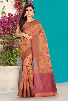 Peach Banarasi Supernet Blended Cotton Saree With Blouse 1