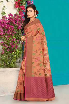 Peach Banarasi Supernet Blended Cotton Saree With Blouse 2