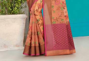Peach Banarasi Supernet Blended Cotton Saree With Blouse 3