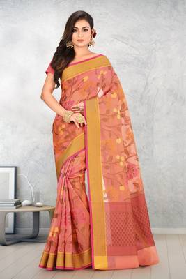 Peach Banarasi Supernet Blended Cotton Saree With Blouse 1