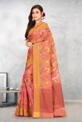 Peach Banarasi Supernet Blended Cotton Saree With Blouse 2