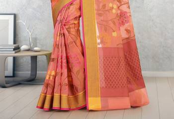 Peach Banarasi Supernet Blended Cotton Saree With Blouse 3