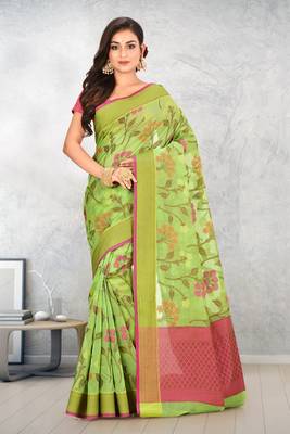 Green Banarasi Supernet Blended Cotton Saree With Blouse 1
