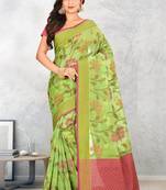 Green Banarasi Supernet Blended Cotton Saree With Blouse
