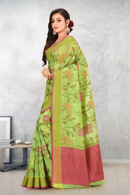 Green Banarasi Supernet Blended Cotton Saree With Blouse 2