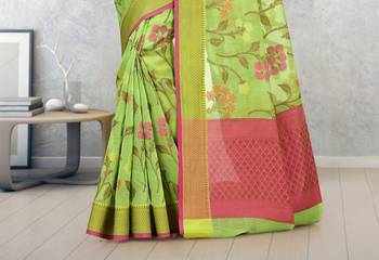 Green Banarasi Supernet Blended Cotton Saree With Blouse 3