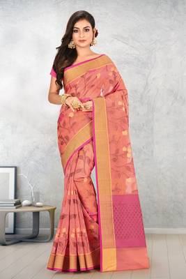Peach Banarasi Supernet Blended Cotton Saree With Blouse 1