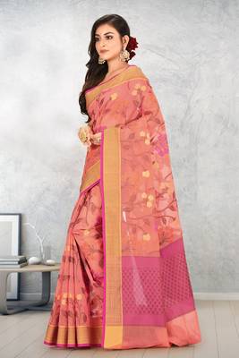 Peach Banarasi Supernet Blended Cotton Saree With Blouse 2