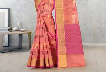 Peach Banarasi Supernet Blended Cotton Saree With Blouse 3