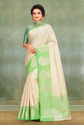 Cream Banarasi Brocade Art Silk Saree With Blouse 1