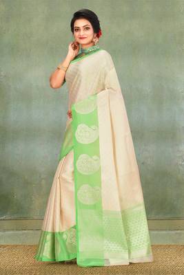 Cream Banarasi Brocade Art Silk Saree With Blouse 2