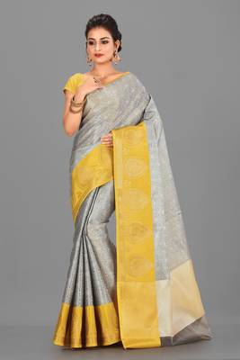 Grey Banarasi Brocade Art Silk Saree With Blouse 1