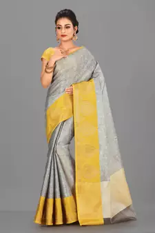 Grey Banarasi Brocade Art Silk Saree With Blouse