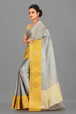 Grey Banarasi Brocade Art Silk Saree With Blouse 2